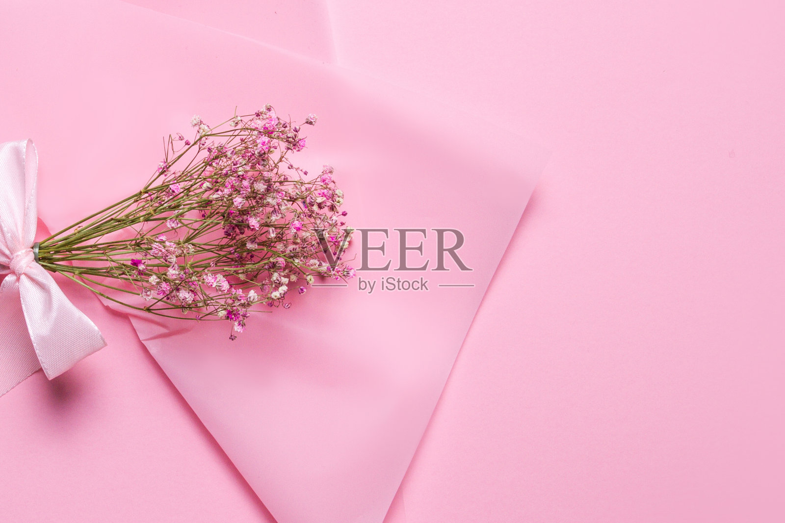 精致的干粉色花朵。小的花。粉红色的背景。春天，女人味，可爱。粉红色的背景。花。干花。空的空间。花束。照片摄影图片