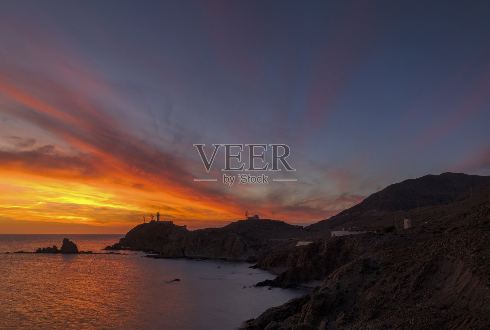 卡波德加塔的日落。Almeria。照片摄影图片