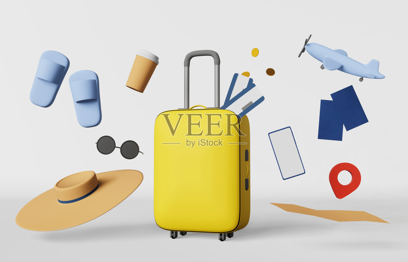 黄色行李箱机票地图护照拖鞋咖啡3d渲染横幅现代创意旅游销售广告照片摄影图片