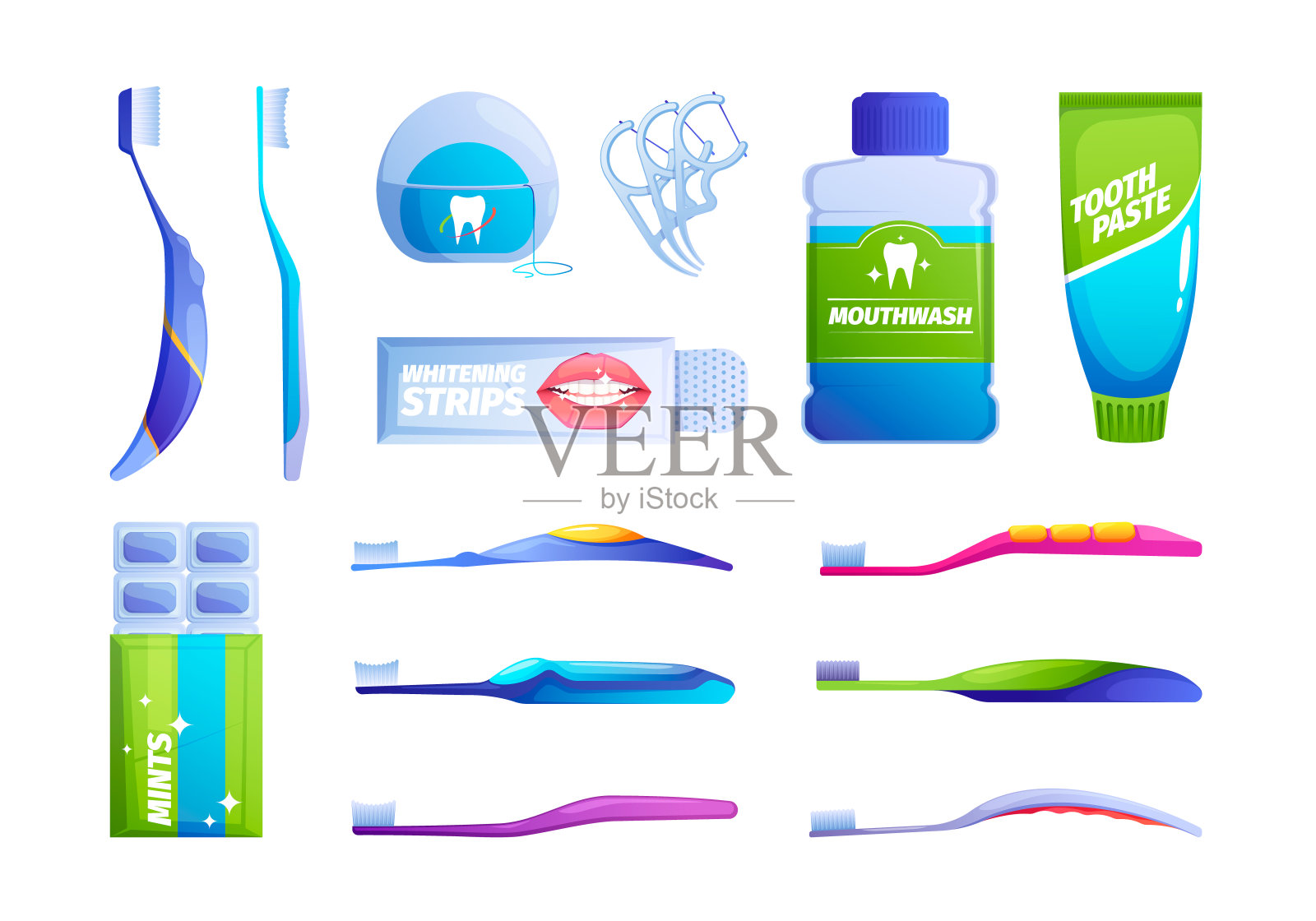口腔卫生用品。口腔清洁工具，卡通牙刷牙膏牙线漱口水图标，牙齿护理治疗概念。向量平坦集插画图片素材