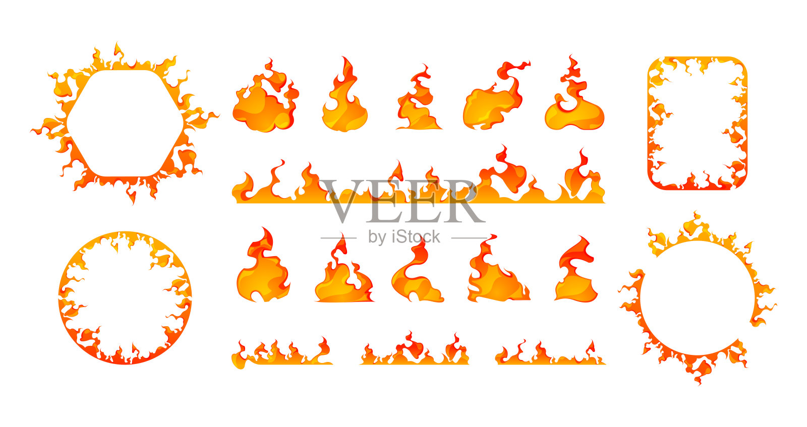 卡通火架。方形和圆形燃烧的人物，燃烧的橙色和红色边界，游戏资产2d元素，点燃的边缘。向量隔离集设计元素图片