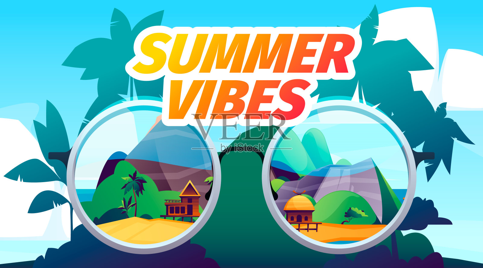 夏日沙滩太阳镜。热带景观在眼镜上的反射，眼镜边带镜头和海洋全景，度假度假的概念。矢量图插画图片素材