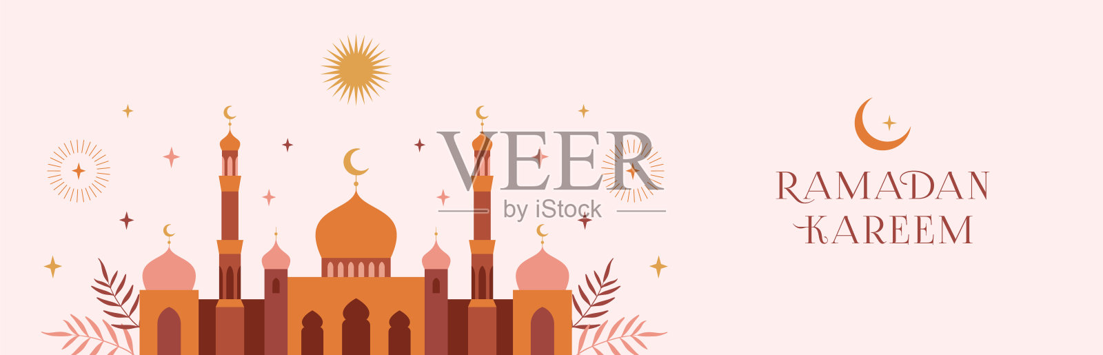 斋月banner、卡片、海报设计：现代几何简约设计与清真寺、新月、星空、拱形窗户。矢量素材。插画图片素材