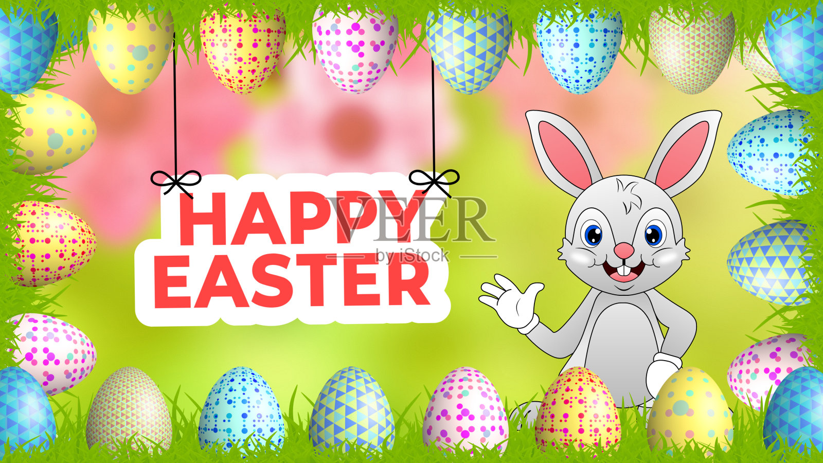 快乐复活节和兔子卡通装饰复活节彩蛋框架插图插画图片素材