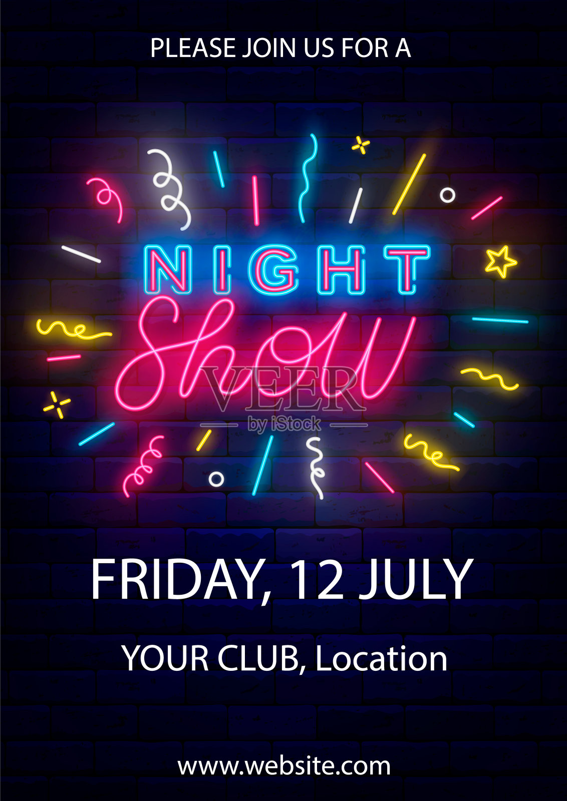 夜间表演霓虹灯传单。垂直海报模板。五彩纸屑烟花。晚间演出横幅。矢量图设计模板素材