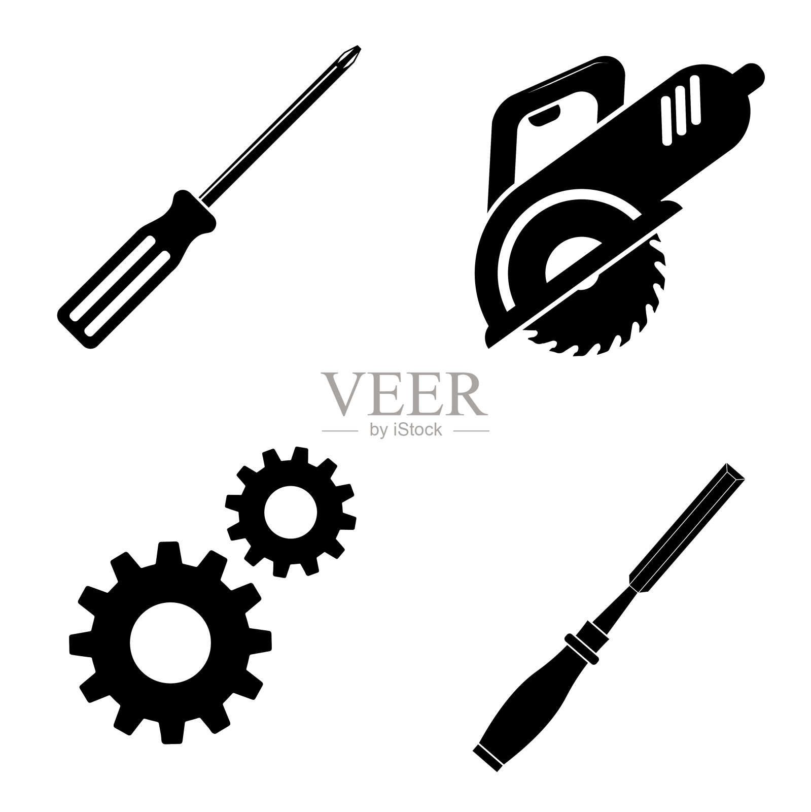 工作图标集。十字头螺丝刀，齿轮，凿子，圆锯图标素材