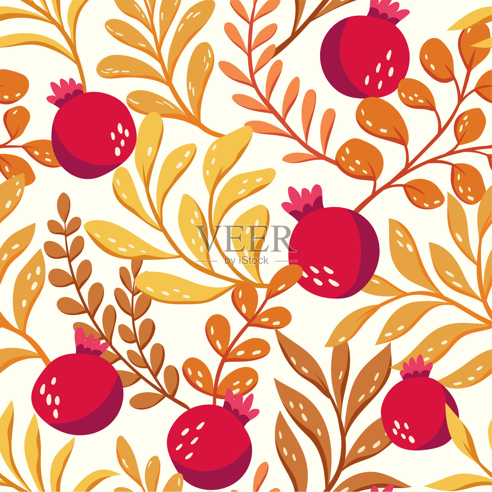 矢量热带无缝模式与水果元素。手绘石榴背景。插画图片素材