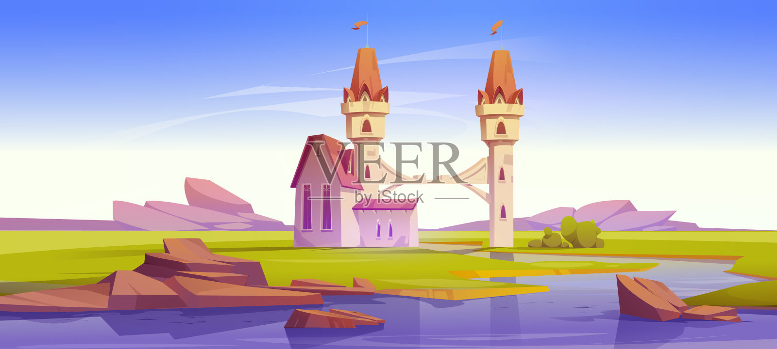 梦幻的中世纪城堡，河上有桥插画图片素材