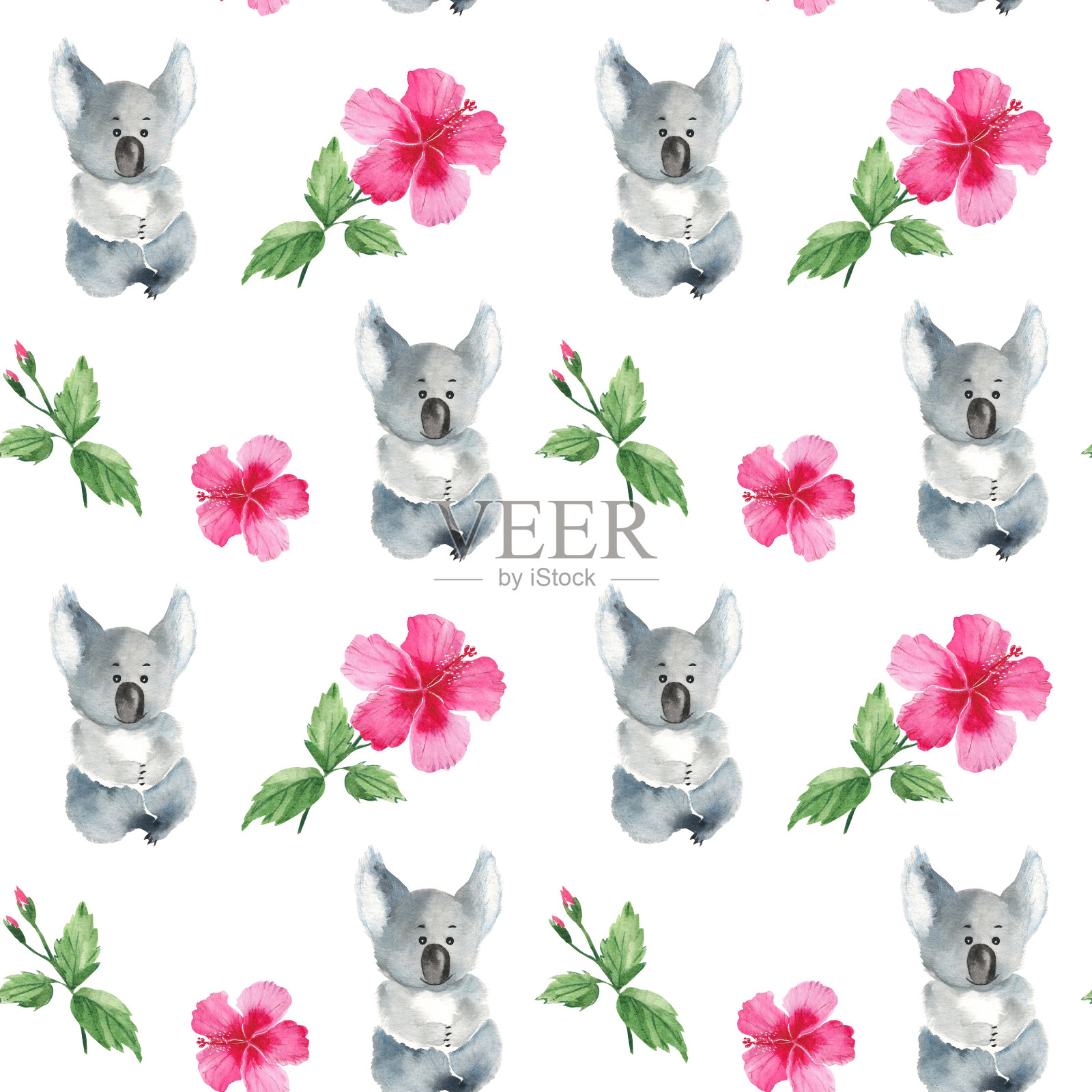 无缝图案与可爱的考拉，芙蓉树叶和花朵。水彩手绘插图。插画图片素材
