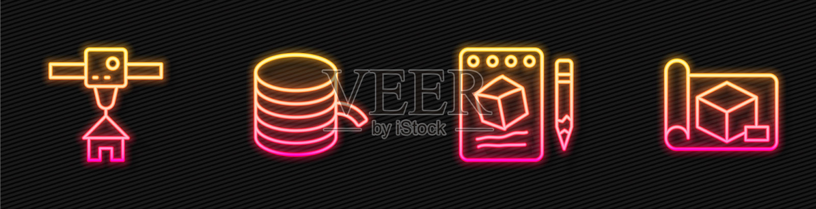 在纸上3d打印机房子设置线条草图插画图片素材