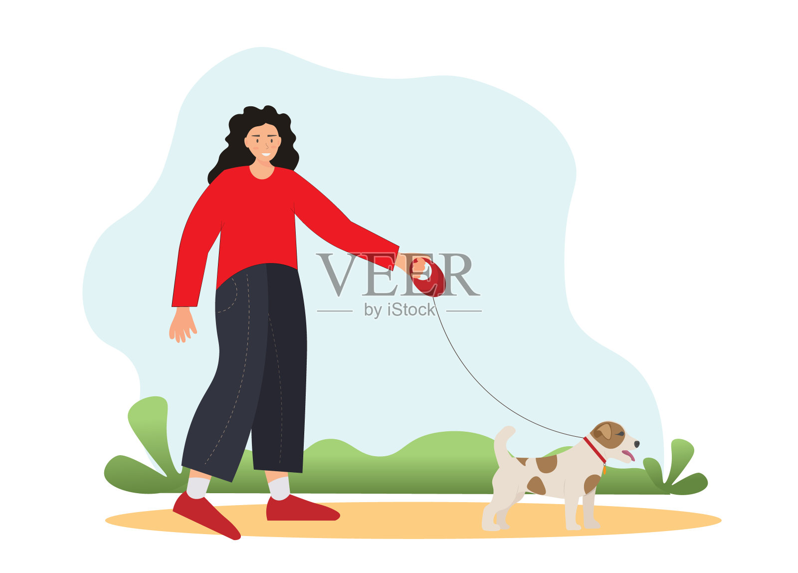 人与狗同行，遛狗服务，家畜概念，健康生活方式概念，平面矢量插图插画图片素材