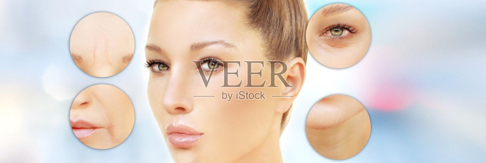 衰老的影响，皱眉皱纹，鼻唇纹，脖子，黑眼圈，颈纹。整形手术结果照片摄影图片