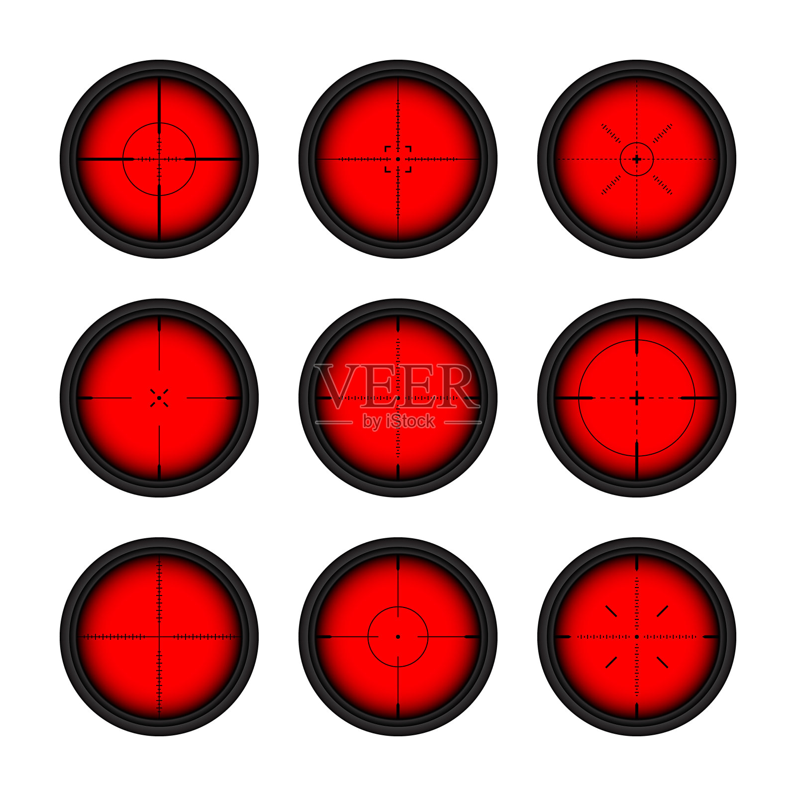 各种武器热红外瞄准镜，狙击步枪光学瞄准镜。带有准星的猎枪取景器。瞄准，射击标志。军事目标标志。游戏UI元素。矢量图插画图片素材