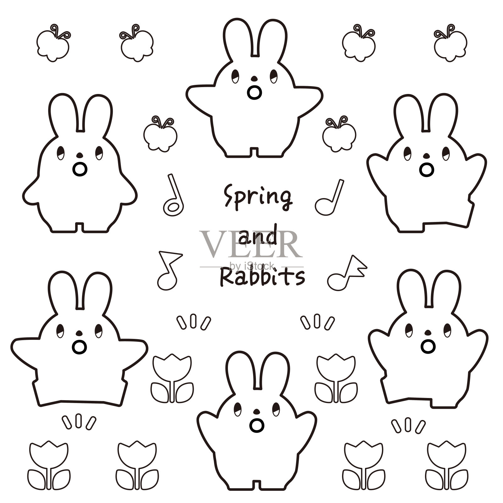 弹簧材质和兔子Set_surprise_Line Drawing插画图片素材