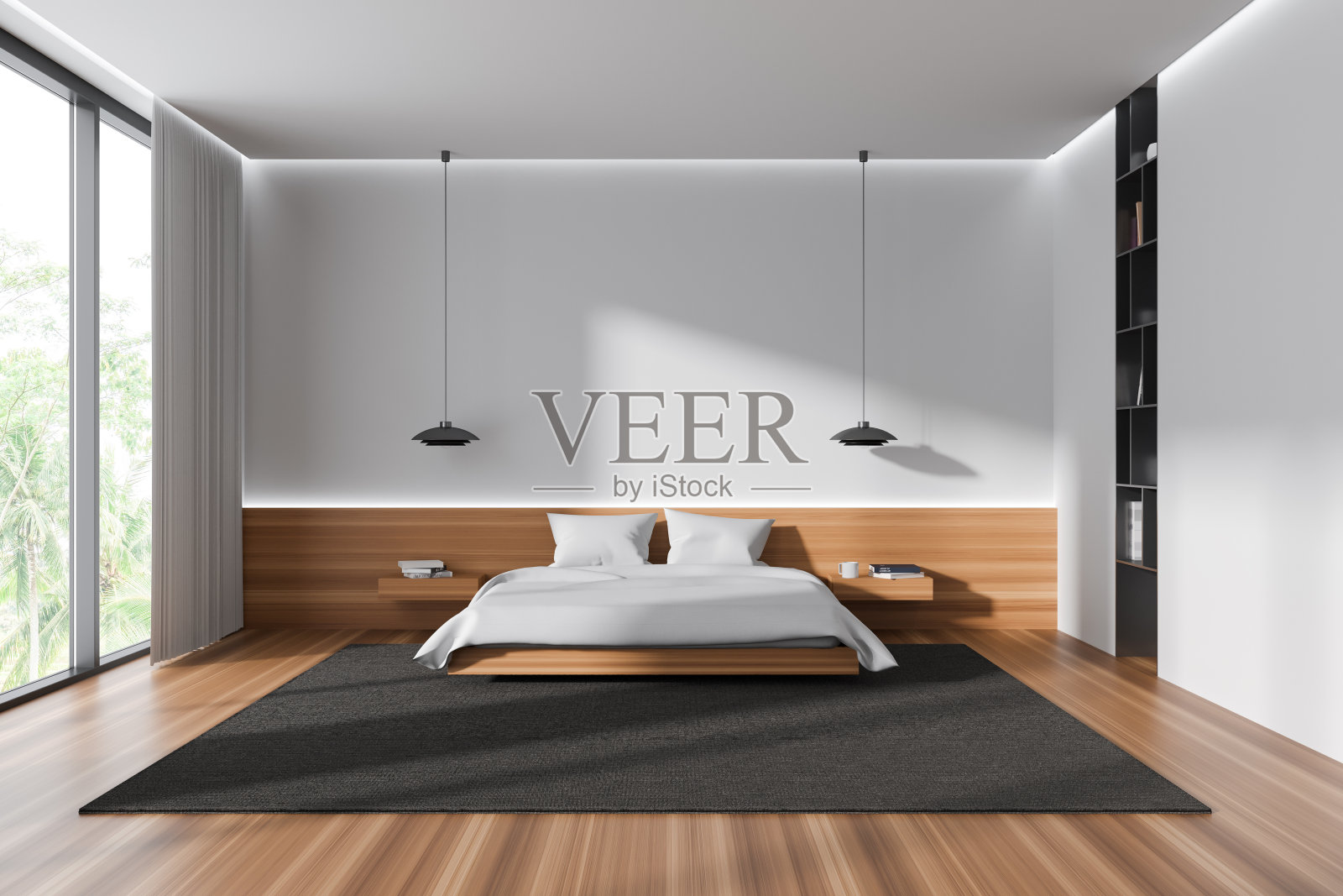 现代卧室内饰，床在地毯上，全景窗户。模型墙照片摄影图片