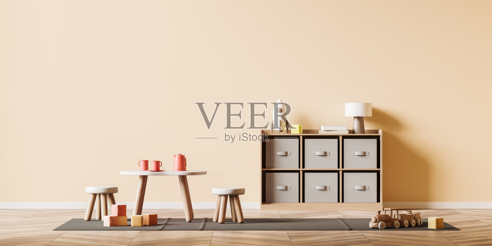 正面视图明亮的婴儿房与空桃墙照片摄影图片