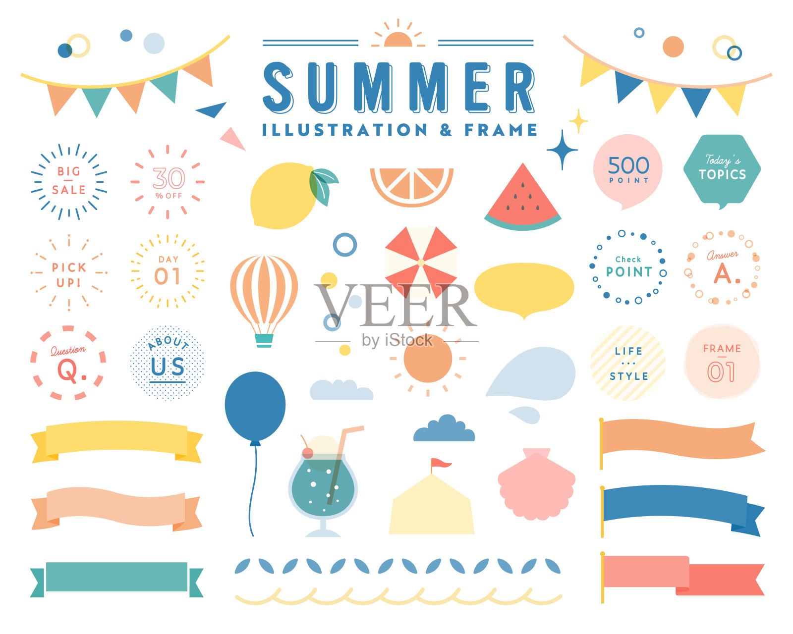 一套简单的夏季插图和框架。设计元素图片