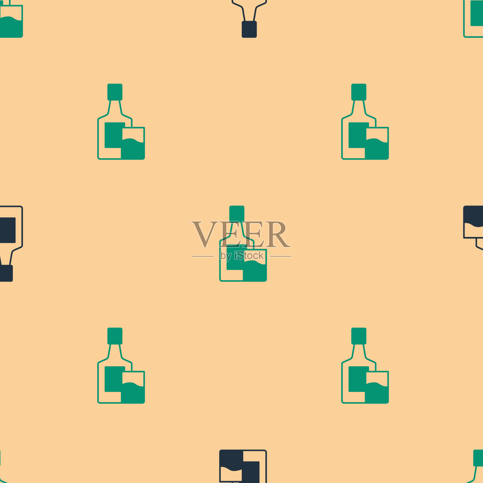 绿色和黑色的威士忌酒瓶和玻璃图标插画图片素材