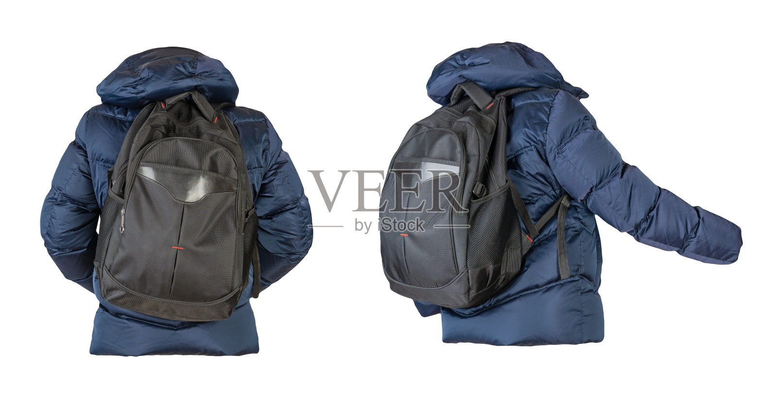 黑色背包，红色外套，白色背景。照片摄影图片