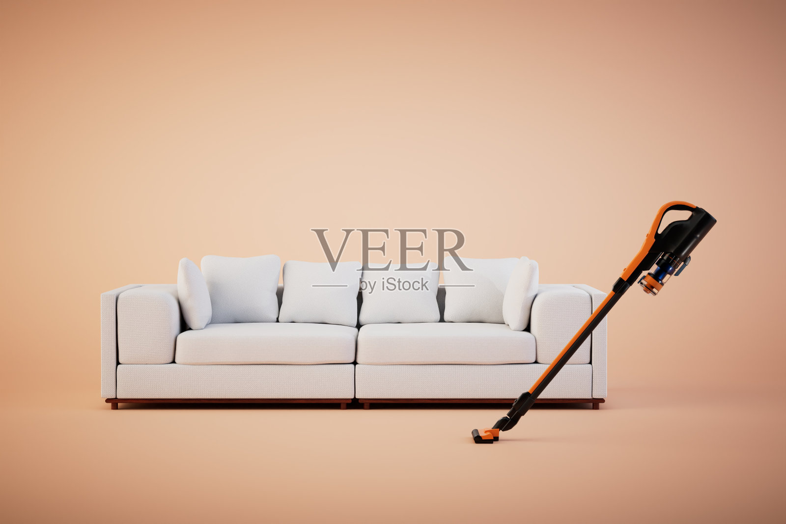 打扫客厅的概念。一个沙发和一个洗衣吸尘器在柔和的背景。三维渲染照片摄影图片