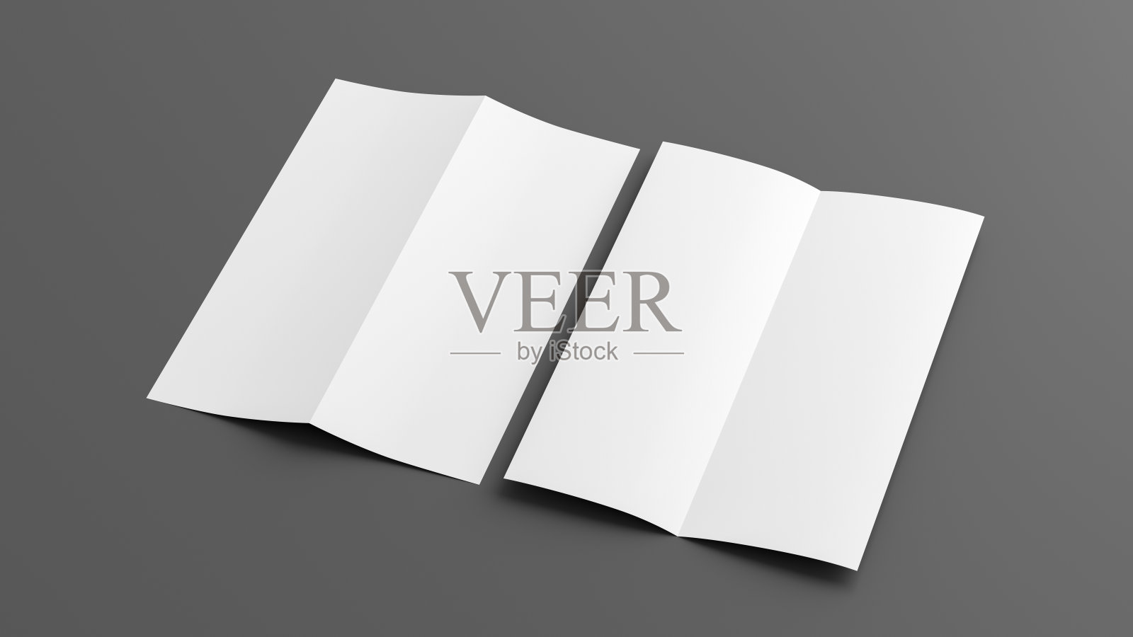 半折叠传单A4垂直小册子模拟灰色背景。侧视图照片摄影图片