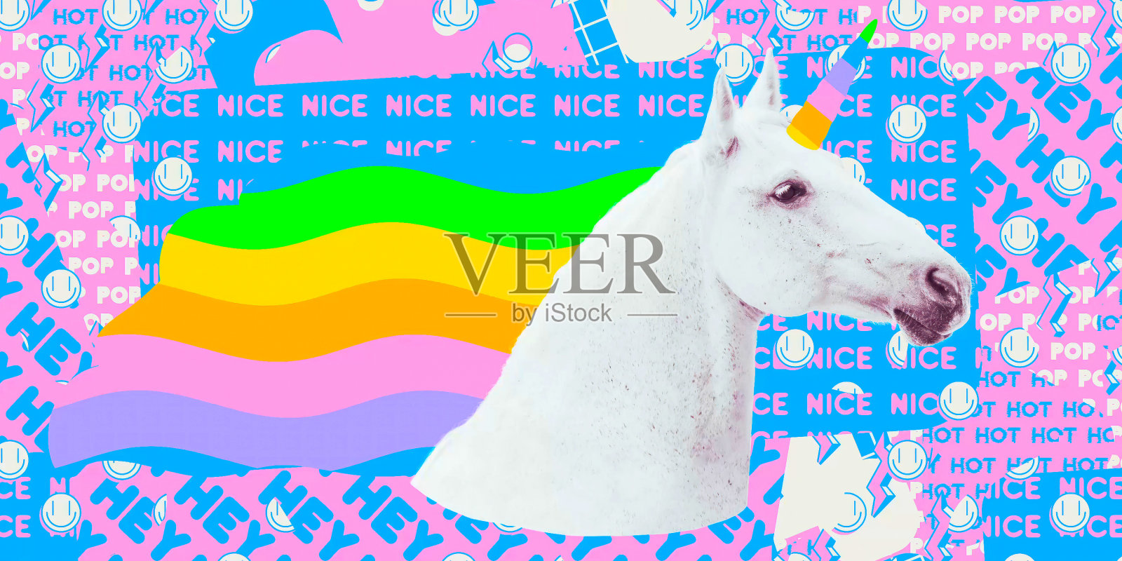 当代数字拼贴艺术。现代的迷幻设计。独角兽和彩虹照片摄影图片