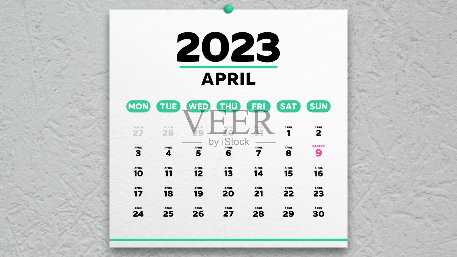 2023年日历上美丽的四月一页，上面标着天主教复活节的日期照片摄影图片