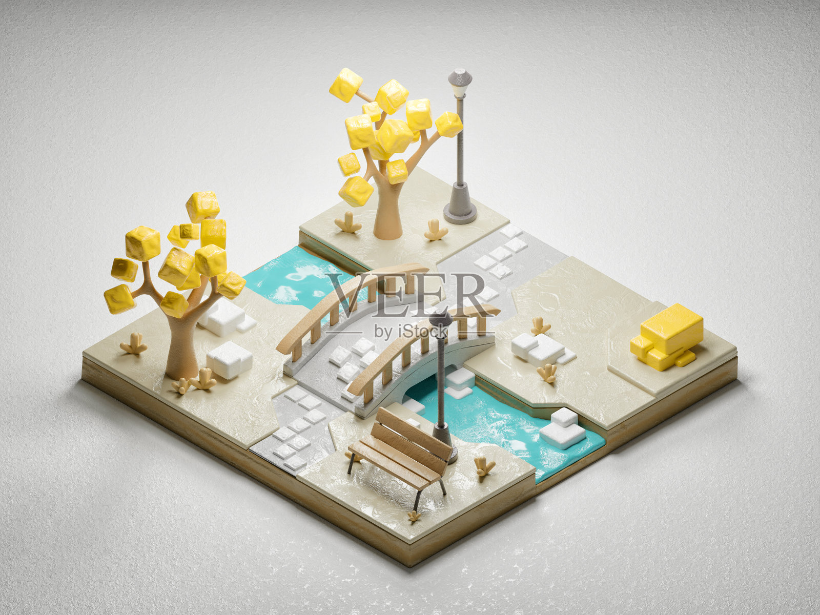 幻想公园的3D插图，等距视图，粘土材料。照片摄影图片