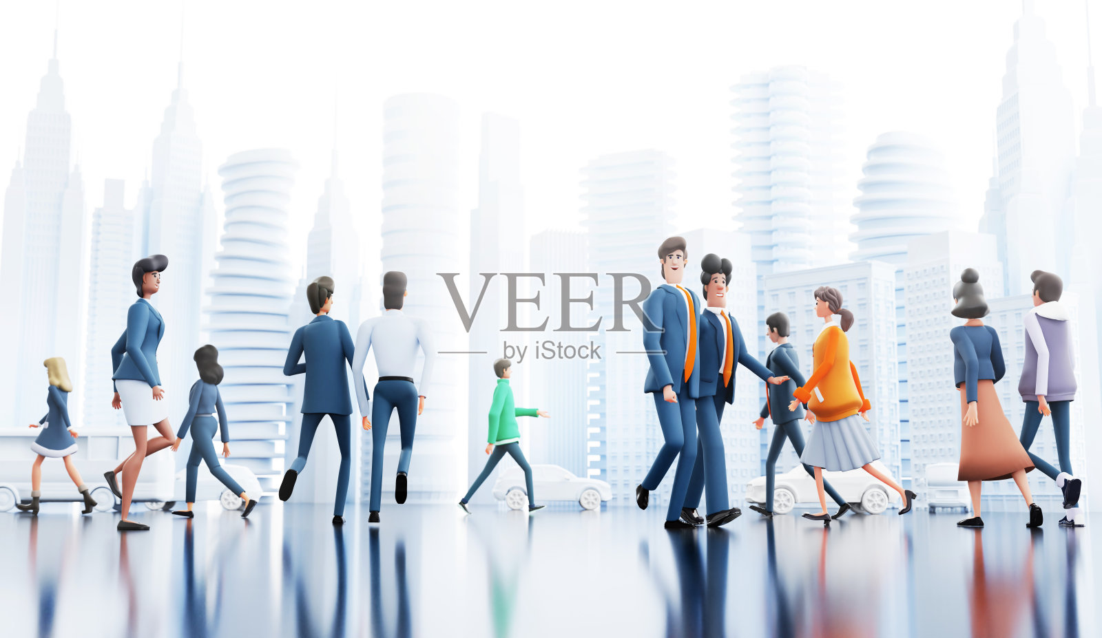许多商务人士、办公室职员和IT专家一起走在城市里。宽横幅。三维渲染图照片摄影图片