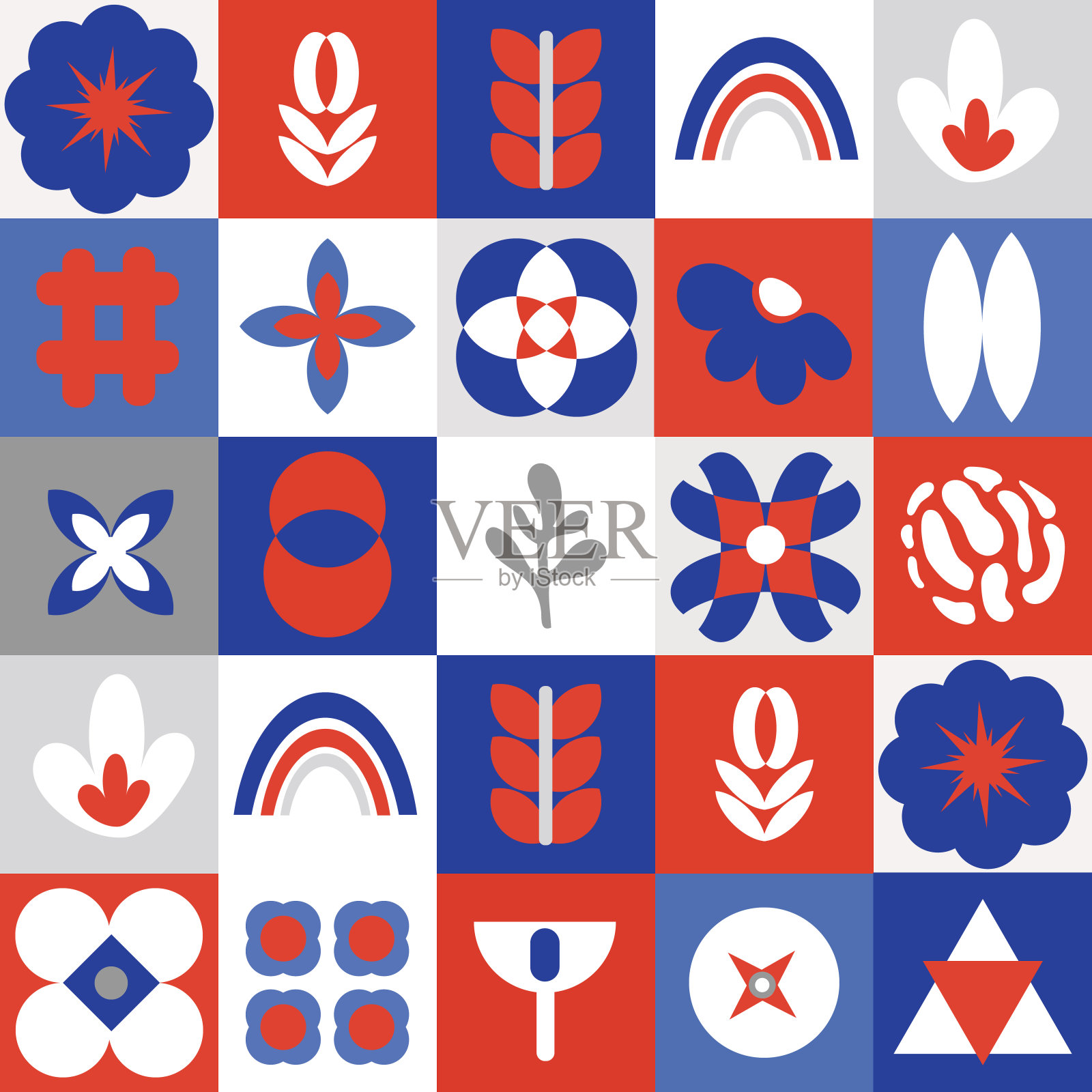 无缝抽象彩色几何拼接花卉在民间风格。复古装饰元素。手绘背景在红色和蓝色。矢量图插画图片素材