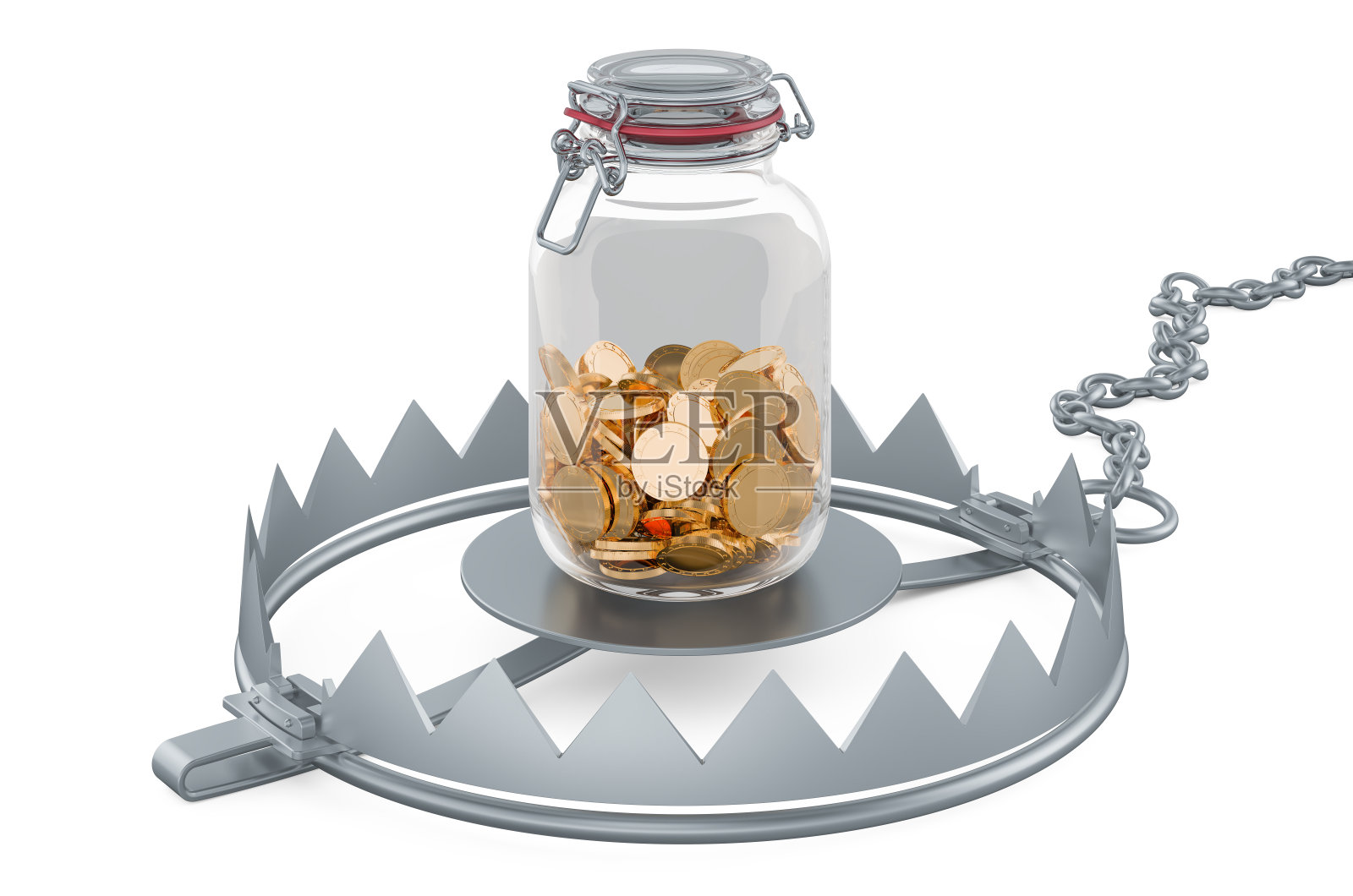 熊陷阱玻璃罐装满金币，3D渲染照片摄影图片