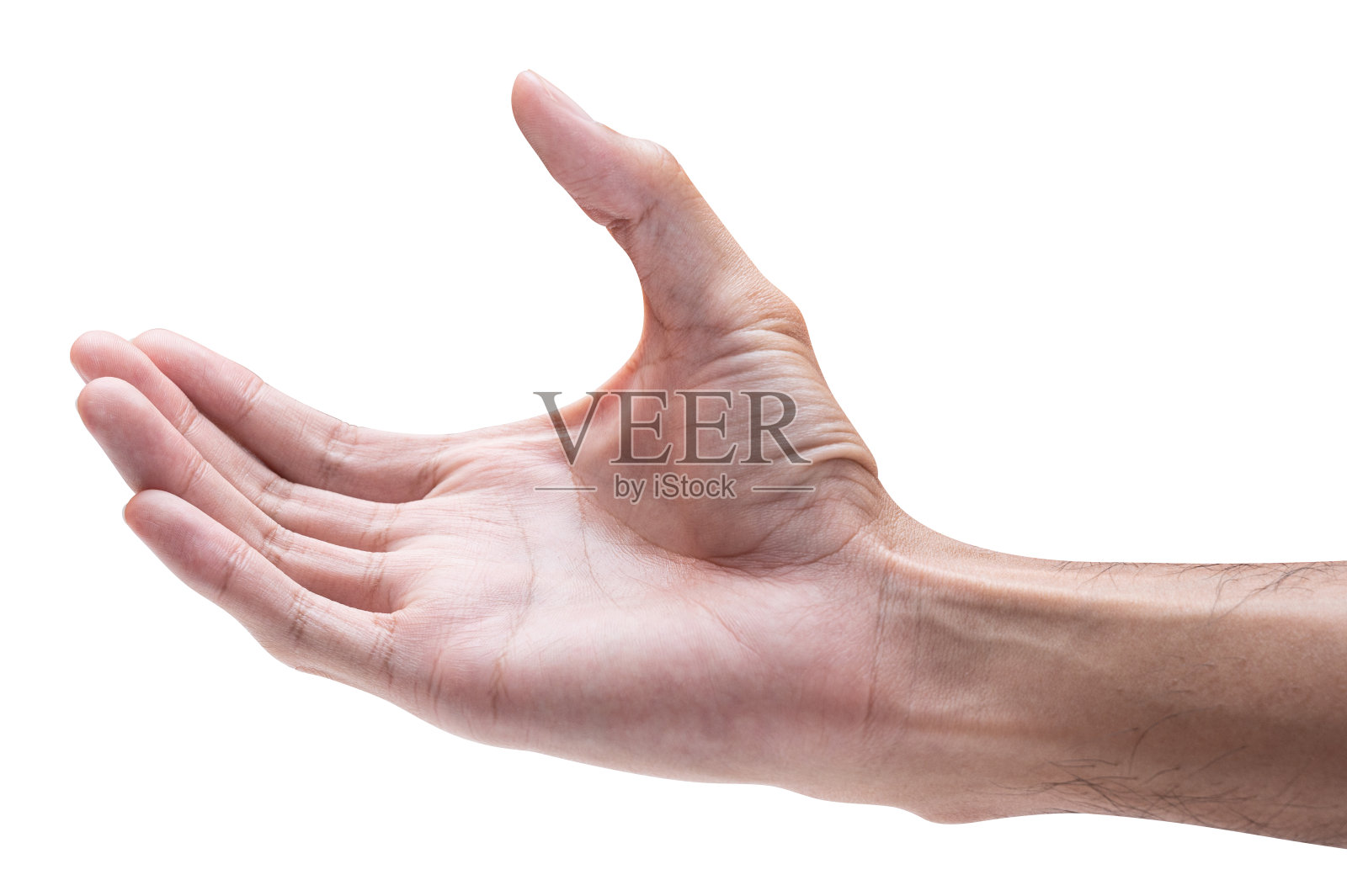 孤立的男性手拿着类似瓶子或罐子的东西。照片摄影图片