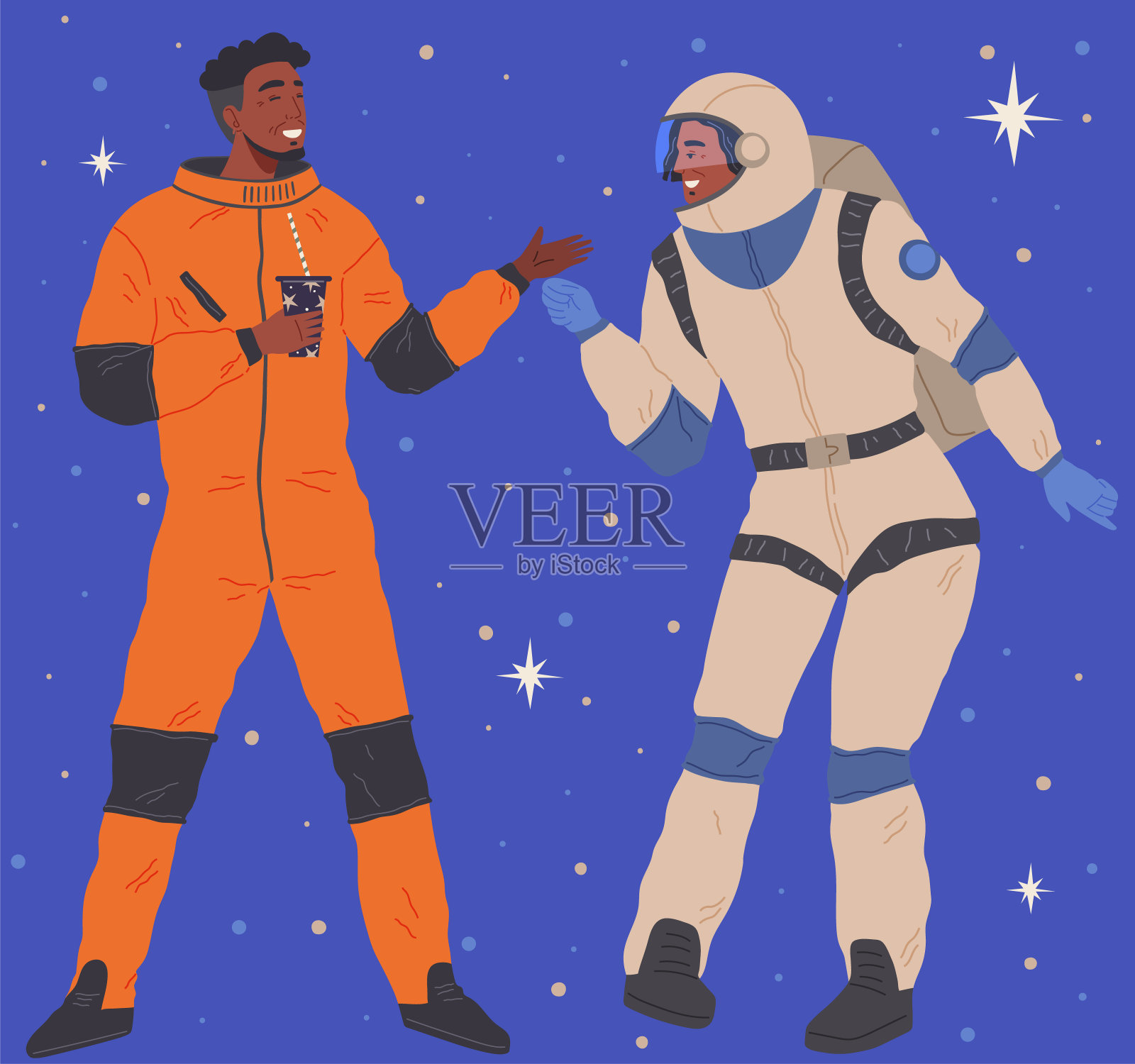 动画师在生日的宇宙风格。主题派对的服装。穿着戏服的人们在太空派对上玩得很开心插画图片素材