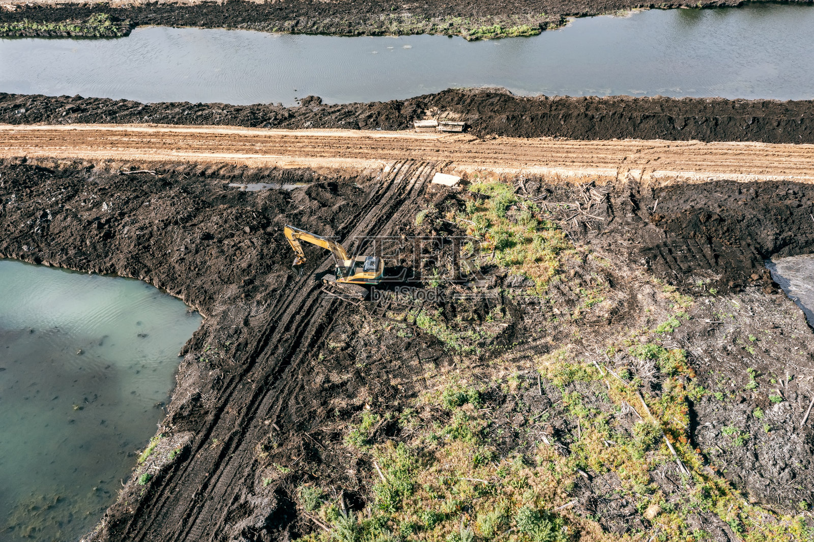 大型黄色挖土机挖一条填海沟。土地改良。航拍无人机照片。照片摄影图片