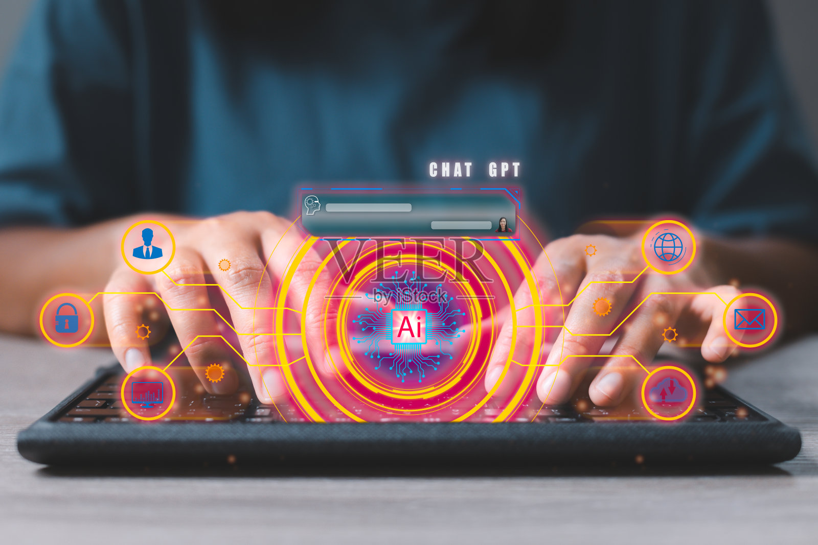 商人在电脑键盘上聊天和打字，虚拟人工智能与聊天机器人交流和互动，帮助业务。未来的技术。网上虚拟助理。照片摄影图片