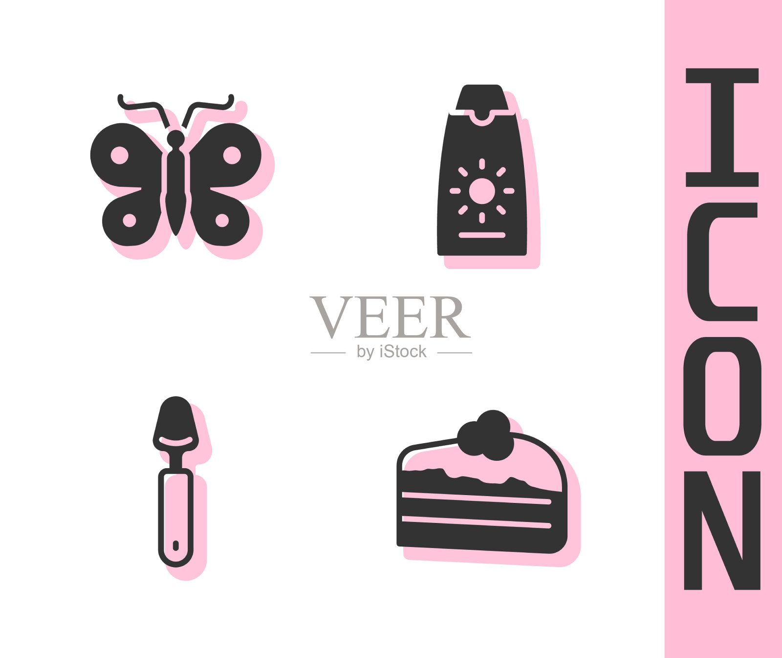 蛋糕，蝴蝶勺子和防晒霜图标素材