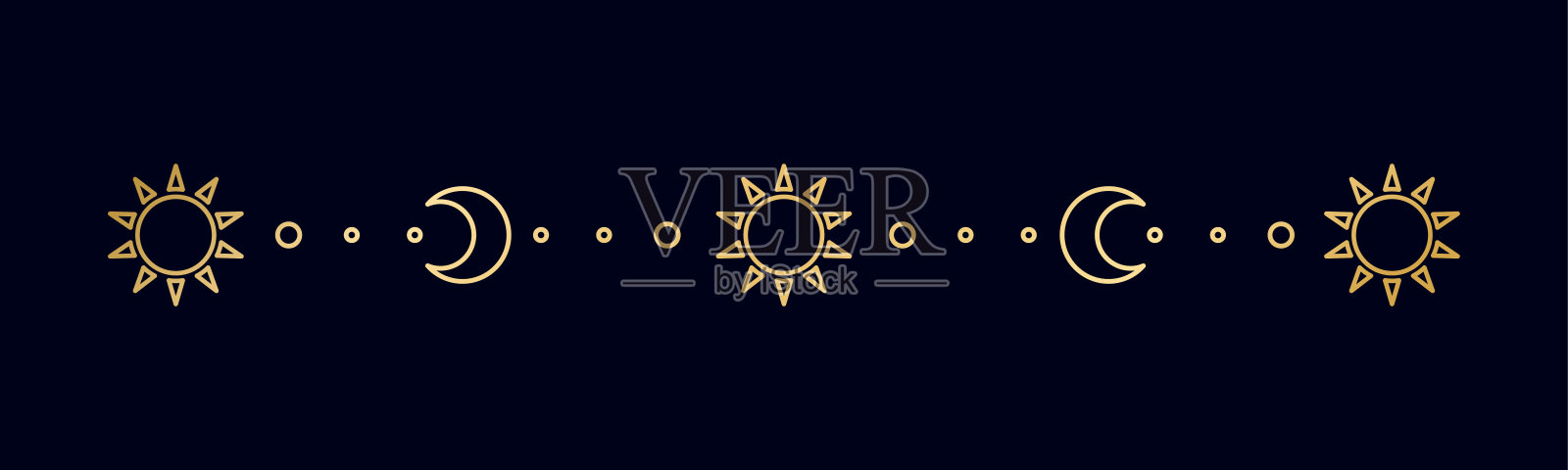 金色天象分割器，上面有太阳、星星、月相、月牙。华丽的波西米亚神秘分隔装饰元素插画图片素材