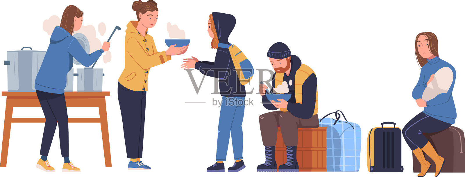 志愿者在分发食物给难民设计元素图片