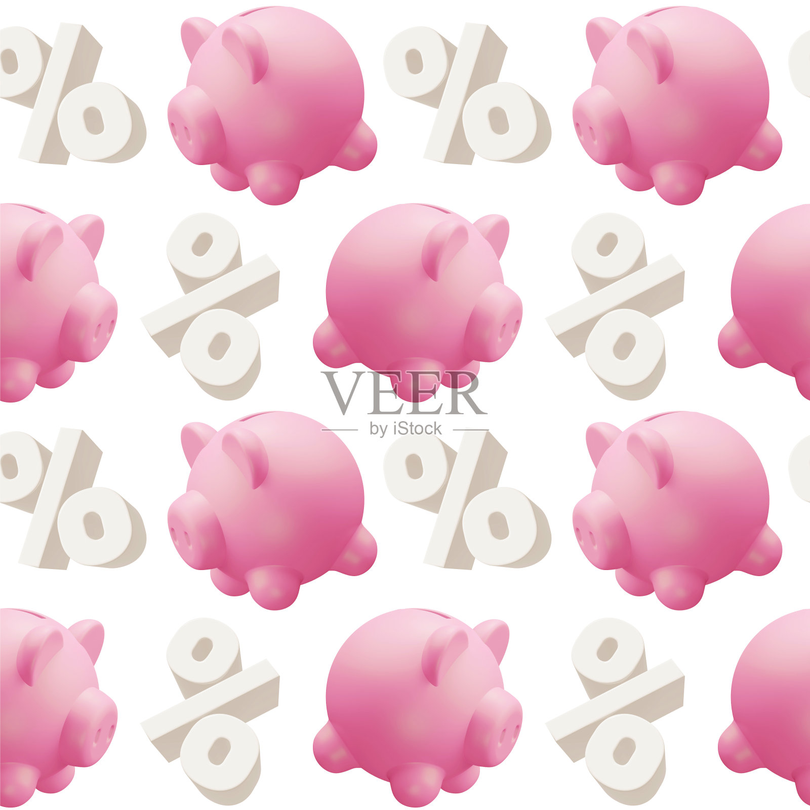 3d无缝模式的粉红色储蓄罐和百分比标志在白色背景，时间节省金钱。三维设计照片摄影图片