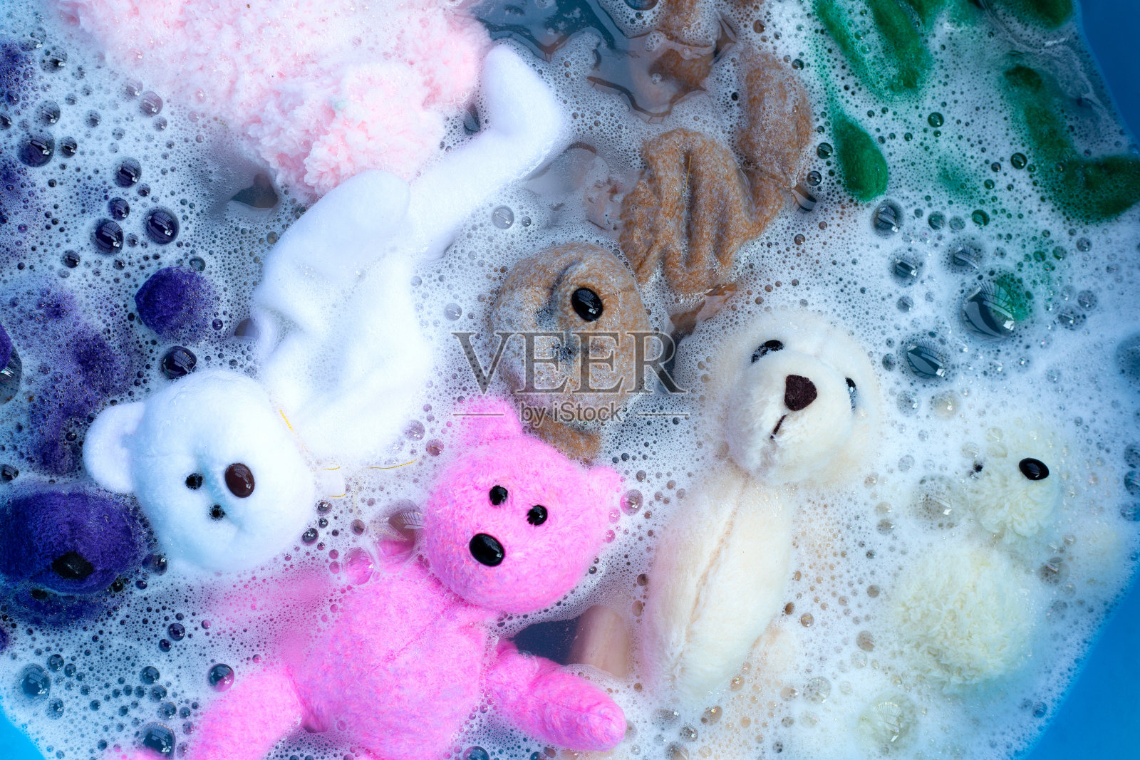 在洗涤前将玩具泰迪熊浸泡在洗衣液溶解水中。洗衣概念，俯视图照片摄影图片