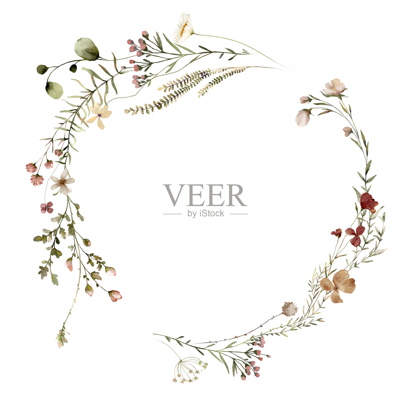 水彩盛夏邀请框与手绘精致的叶子，粉红色的花朵。浪漫的花圈完美的婚礼贺卡，邀请。插画图片素材