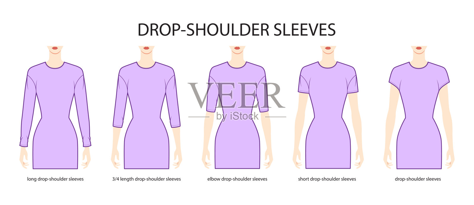 一套落肩袖衣服-长，短，3-4，肘部长度技术时尚插图与合身的身体。平板服装模板正面。女人，男人男女皆宜的CAD模型插画图片素材