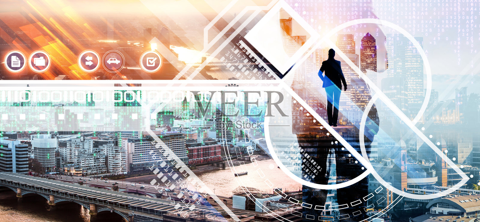 城市里成功的女商人。商业概念说明与伦敦城的观点照片摄影图片