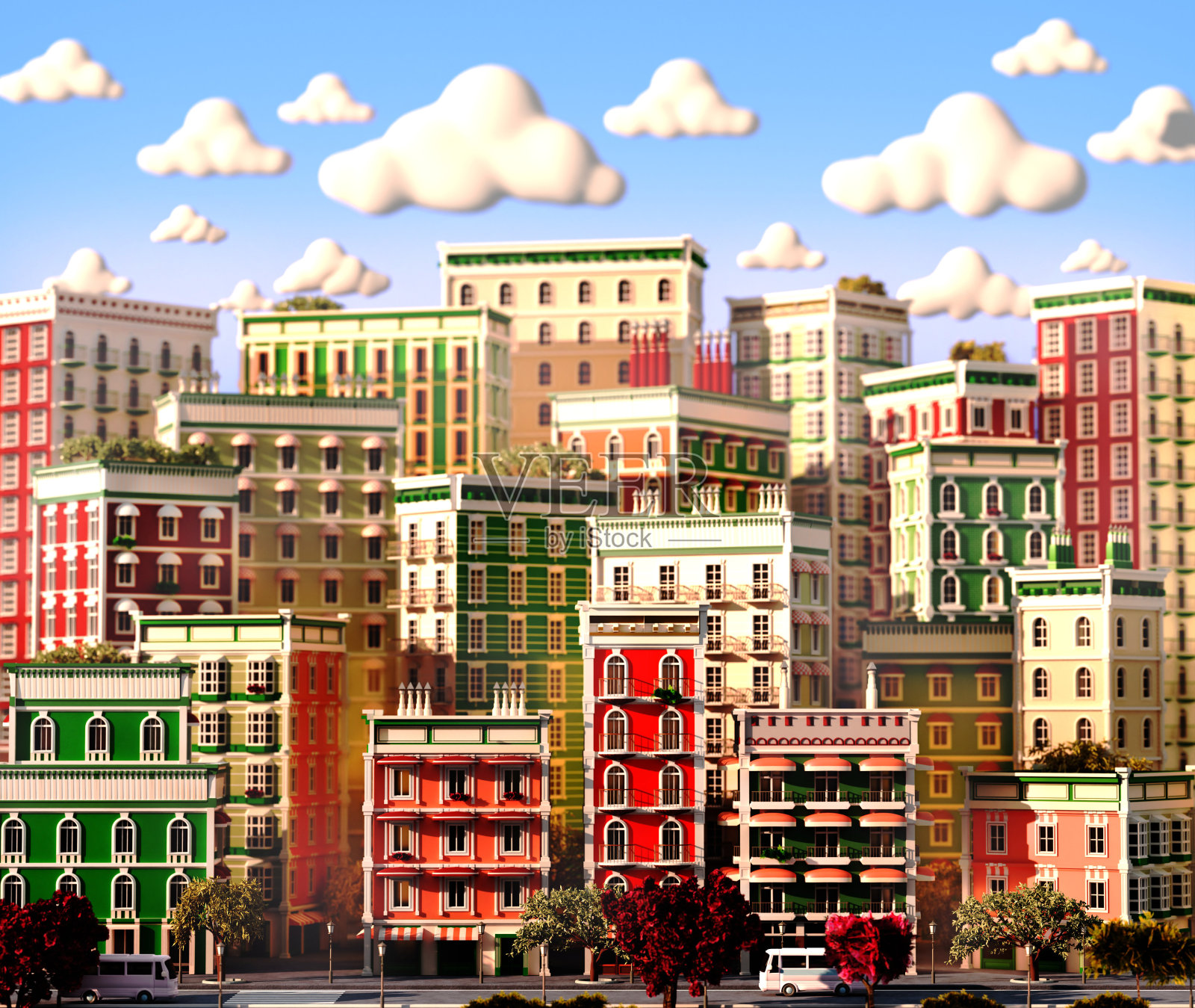 美丽的城市3D渲染插图：日落时分的公寓楼和办公楼照片摄影图片