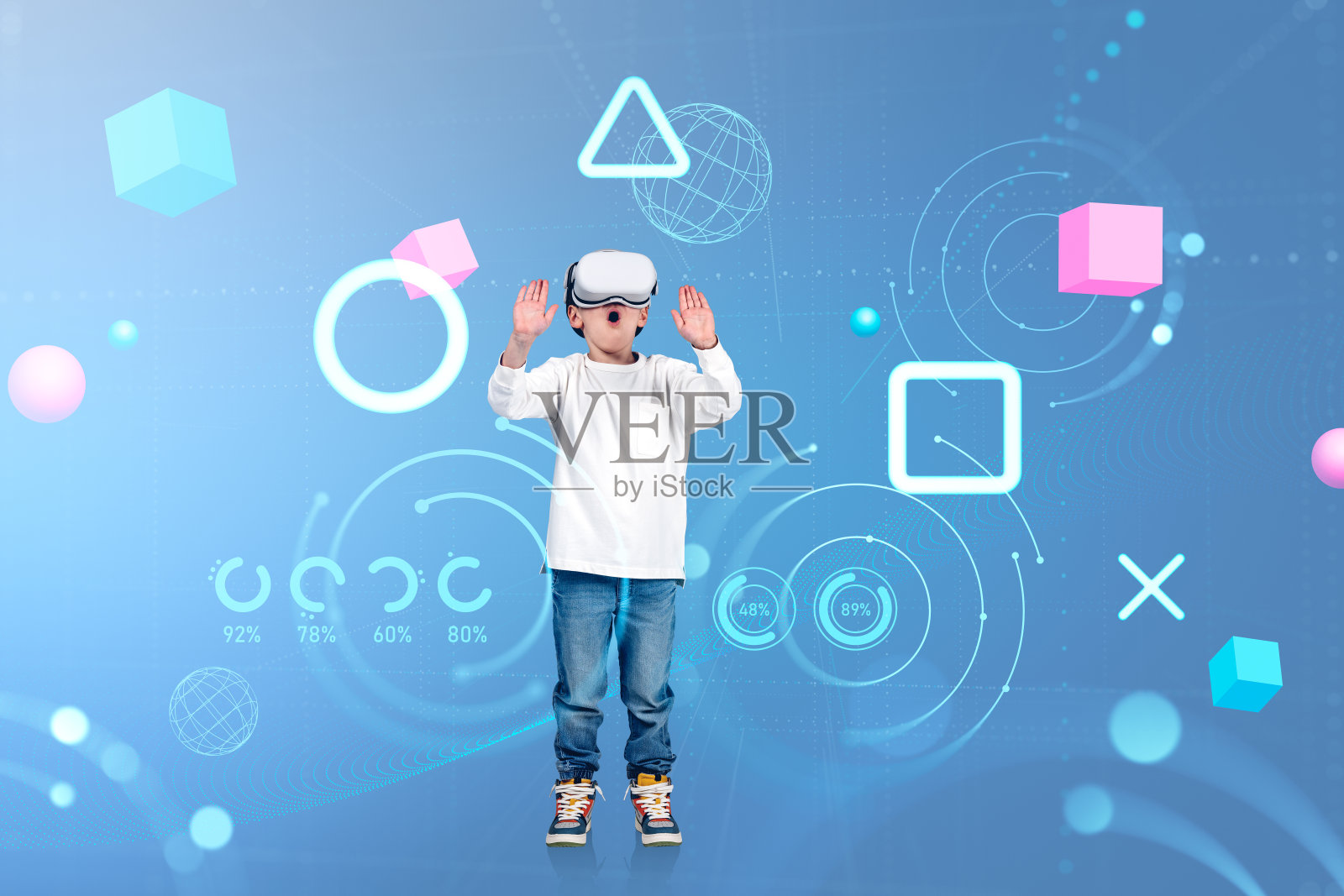 小孩戴着vr眼镜和手触摸，元宇宙和指示照片摄影图片