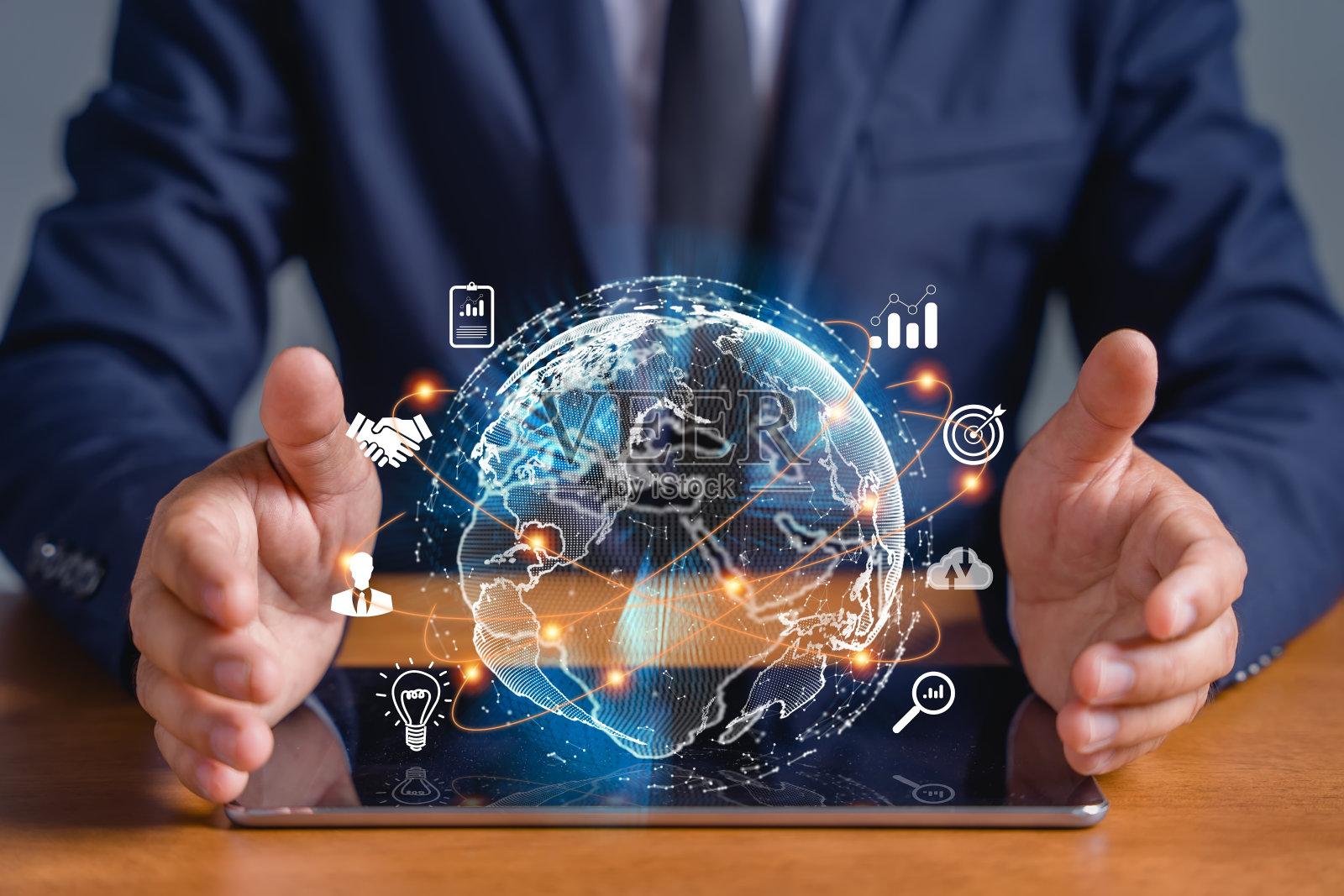 商业之手与虚拟全球互联网连接元宇宙。商业全球互联网连接应用技术与数字营销，金融与银行，数字链接技术，大数据照片摄影图片