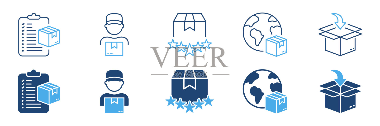 快递服务线和剪影图标集。订购包装运输物流象形图收集。快速运输的包裹盒图标。可编辑的中风。孤立矢量图插画图片素材