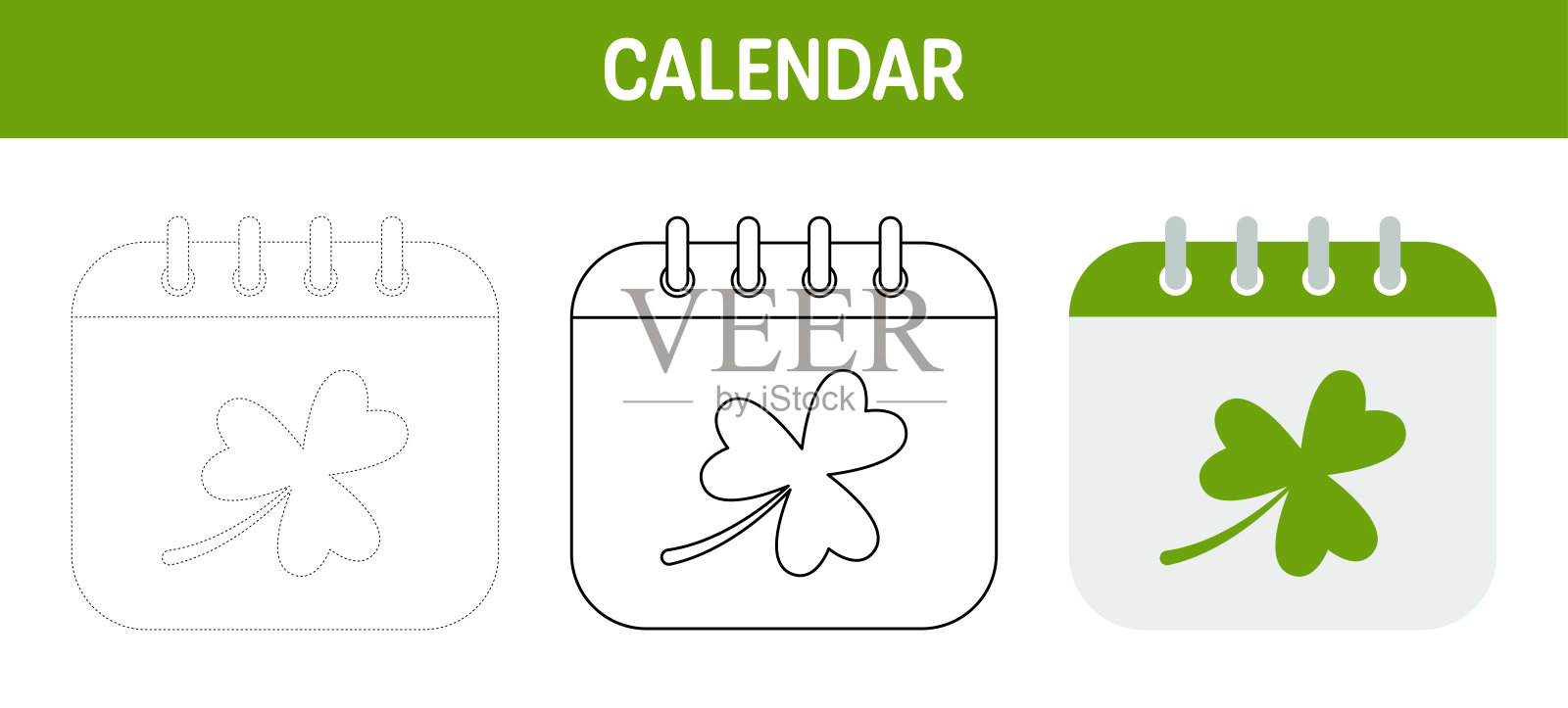 日历与三叶草追踪和着色工作表的孩子设计模板素材