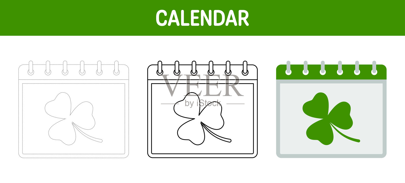 日历与三叶草追踪和着色工作表的孩子设计模板素材