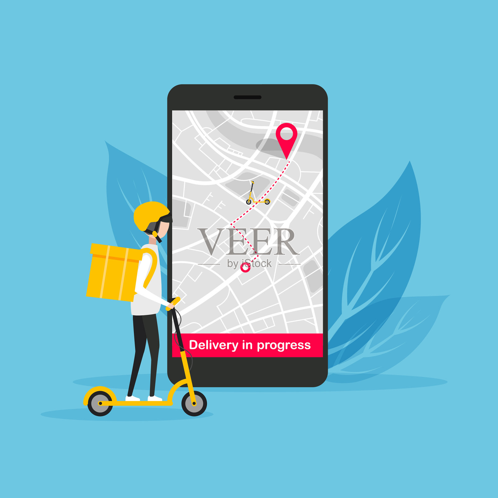 骑着电动滑板车的快递员。插画图片素材